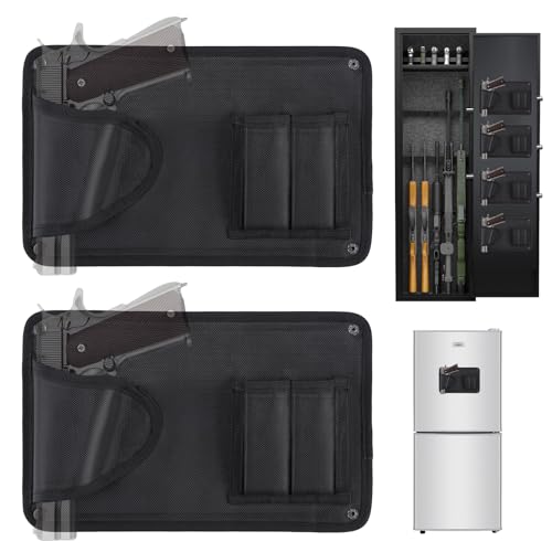 Gun Safe Door Organizer with Strong Adhesive Hook &Loop and Magnet Tape Two Way Mount, Elastic Gun Safe Pistol &Mag Holder for Most Pistols, for Indoor Storage - size: 2 Pack, style: 2 pouch 1 holster