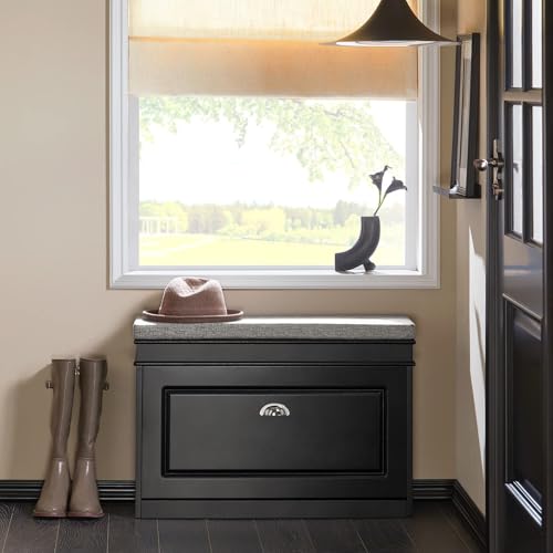 SoBuy Small Shoe Storage Bench, Black Narrow Shoe Cabinet for Entryway, Shoe Rack with Cushion&2 Tiers Flip-Drawer, Closet Hallway Mudroom FSR82-L-SCH - color: Black, size: 1 Drawer (L)