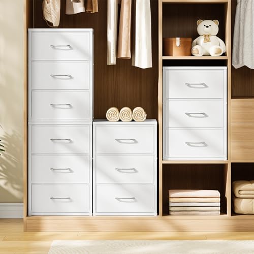 CHOEZON Stackable Storage Drawers for Closet, 3 Drawer Dresser with Wooden Top, Fabric Clothes Organizers with Metal Handles, Closet Organizer with 3 Drawers for Bedroom, Living Room, White TCW31WB - size: 11.8"D x 15.7"W x 23"H (3 Drawers)