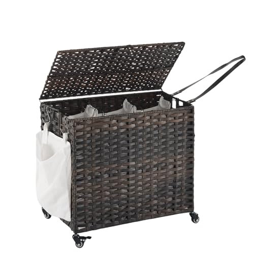 Laundry Hamper with Wheels, 34.3 Gallon(130L) Rolling Laundry Basket with Lid, 3-Section Rattan Clothes Hamper with 3 Removable Liner & 3 Mesh Bags, Laundry Sorter with Side Pocket, Brown - color: Brown, size: 130L（23.62 x 15.75 x 21.65 Inches）