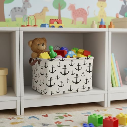 Anchor Storage Basket Waterproof Canvas Toy Storage Bin Home Anchor Decor Collapsible Outdoor Basket with Leather Handles Nautical Decor Blanket Baskets For Closets,Bedrooms,Gifts Baskets - color: Anchor