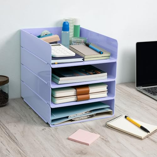 Tiawudi Desk Organizer, Office Organization and Storage, Plastic Letter Tray, Stackable File Organizer for Classroom, Home, Documents, Notes, Folders, Books and Pens, 4 Tier - color: Violet