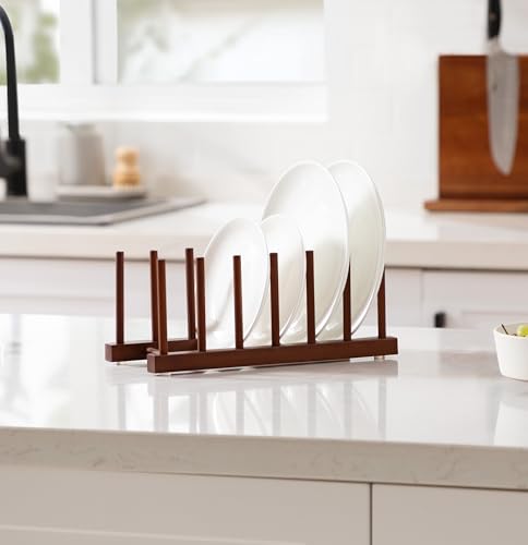 HBlife 4pcs 6 Slots Teak Dish Plate Bowl Cup Book Pot Lid Cutting Board Drying Rack Stand Drainer Storage Holder Organizer Kitchen Cabinet（Keep Dry） - color: Teak 6 Slots 4pcs
