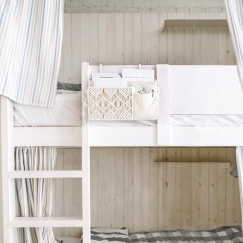 Mkono Bedside Caddy Hanging Organizer, Boho Macrame Storage with Fixed Straps and Hooks, 4 Pockets Holder Remote Magazine Accessories for Home Loft Bunk Bed, Dorm, Hospital Beds