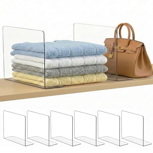 SortNStore Shelf Dividers for Closet Organization: 10" Tall x 16" Deep, Deeper Adhesive Separators Features Acrylic Material and Provides Storage for Clothes and Sweater in Bedroom Cabinets(6-Pack) - color: 6-pack, size: 10" Tall X 16" Deep