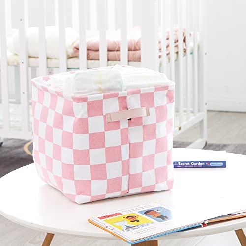 Hinwo 3-Pack Cubic Organizer Shelf Bins, Canvas Fabric Storage Baskets with Handles, 22L/5.8-Gal Square Storage Bins, Cubes, Collapsible Storage Box, 11 x 11 x 11 Inches (S, Pink Checkerboard) - color: Pink Checkerboard, size: S/11 x 11 x 11"/3-Pack