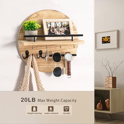 dreampossible Key Holder for Wall Decorative with Shelf and Hooks, Mail Organizer Wall Mount with Sunglasses Holder, Circular Design Entryway Key Rack Hanger, Rustic Home Decor - color: Light Brown