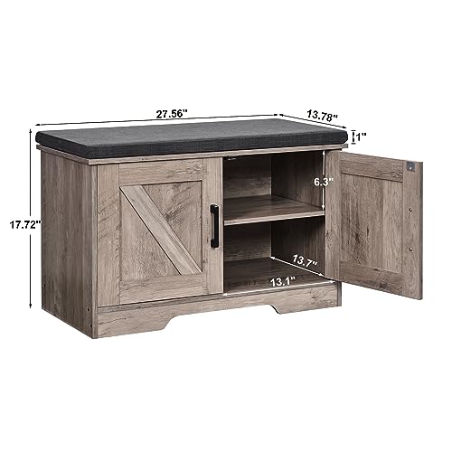 HOMSHO 2-Tier Storage Bench, 27.6" Wide Shoe Bench with Padded Seat Cushion, Entryway Bench with 2 Barn Doors and Adjustable Shelf, Greige - color: Greige, size: 27.6" Wide