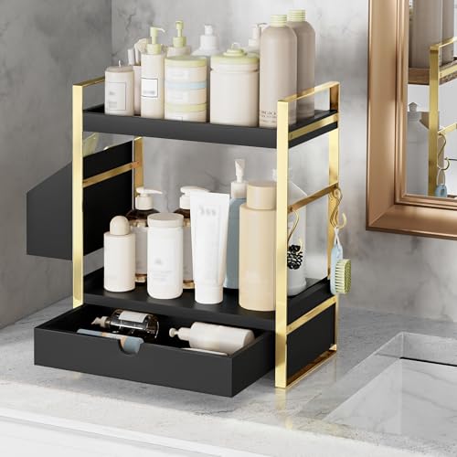 2-Tier Bathroom Counter Organizer with Drawer and Basket, Wood Countertop Organizer for Storage, Skincare Organizers for Vanity, Counter Shelf for Bathroom Organization(Black-Gold) - color: Black-gold