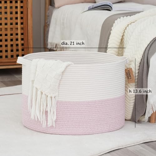 COMFY-HOMI New Extra Large Blanket Storage Basket 21''x21''x13.6''|Toy Organizers and Storage|Cotton Rope Woven Round Basket for Blanket|Baby Basket for Newborn-White/Pink - color: light pink