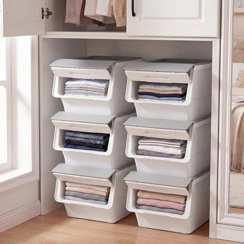 Giantex Plastic Stackable Storage Bins with Lids & Wheels, 3 Pack Open Front Stacking Bins, Organizer Bins for Pantry, Kitchen, Laundry, Closet, Playroom, Bedroom Organization (35 QT) - color: White + Gray, size: 3 Pack, 35 QT