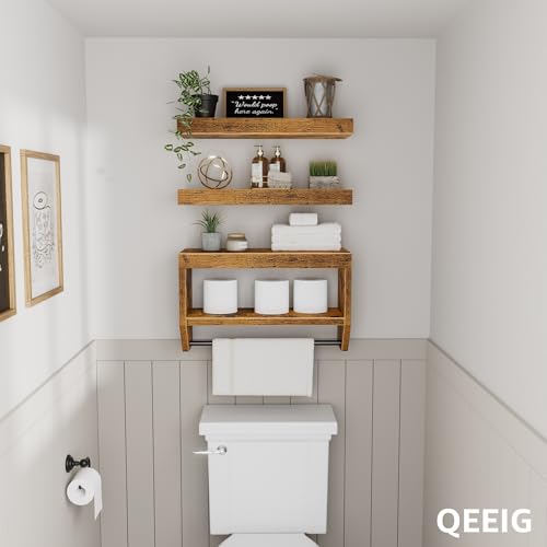 QEEIG Bathroom Floating Shelves for Wall - Shelf Over Toilet Paper Storage Farmhouse 16 inch Set of 3, Rustic Brown (028-40BN3) - color: Rustic Brown