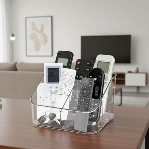 Remote Control Holder, Clear Plastic Remote Caddy for Desk and Nightstand Storage, Space-Saving Desk Organizer with See-Through Design for Living Room and Desk Accessories, 5 Compartments - size: 5 Slots