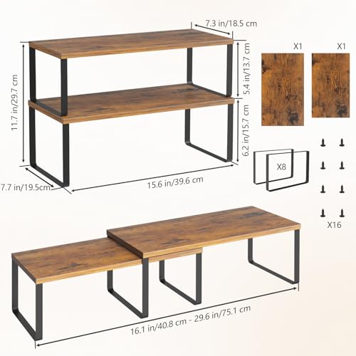 NEX Cabinet Organizer Shelf, Set of 2 Kitchen Counter Shelves, Spice Rack, Stackable Kitchen Shelves Organizer, Pantry Cupboard Dish Mug Cup Storage Shelf, Black and Brown - color: Black + Rustic Brown, size: 15.6''W