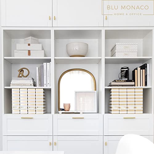 BLU MONACO | Cardboard Magazine File Holder Set of 4 Gold White Stripes | Vertical Magazine File Holder with Label Slots | Standing File Holder and Cardboard Bins for Shelves Desk Classroom - color: White Gold Stripes