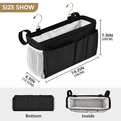 Black Bedside Caddy Storage Bag Bedside Organizer for Bed Rails College Dorm Room Organizer Caddy Hanging Shelf 6 Pockets with Hooks for Drinks Magazine Phone Holder - color: Black