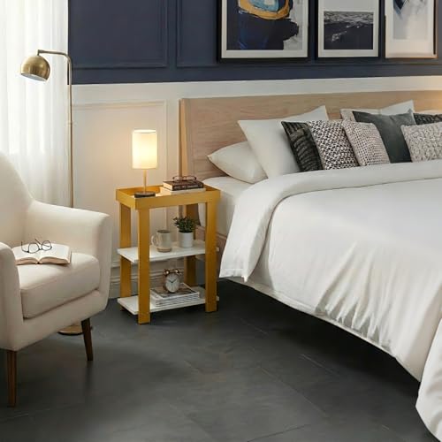 Modern 3-Tier Gold Side Table, Narrow End Table with White Tray Top Shelves, Slim Nightstand Bedside Table for Small Spaces, Living Room, Bedroom, Bathroom Storage Organizer Stand (White+Gold) - color: White + Gold