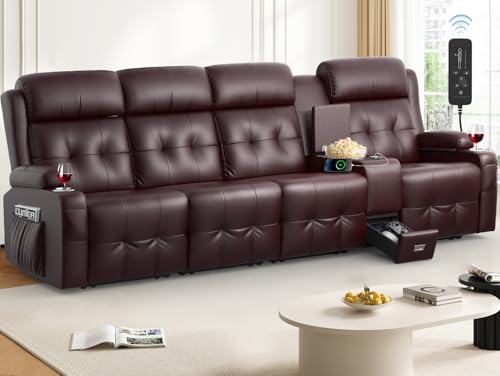 Loveseat Recliner Sofa, 4-Seater Home Theater Seating Massage Reclining Couch with USB, Center Console, Wall Hugger RV Recliners, 145° Recline & Cup Holders & Side Pockets,for RV & Movie Room - color: Brown, size: 4-Seater 112''