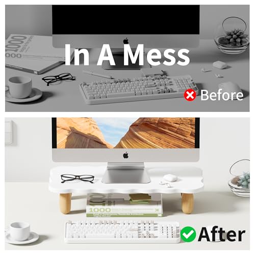 AFOOYO Monitor Stand Riser, Cookie-Shaped Sturdy Wood Computer Monitor Stand for Desk, Ergonomic Desk Stand, Multi-Purpose Desktop Organizer Riser for Computer, Laptop, Printer, TV,White