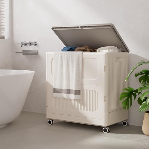 HAIXIN HOME Slim Rolling Laundry Hamper with Lid, 60L Foldable Plastic Laundry Basket on Wheels with Handle, Dirty Clothes Hamper Cart for Narrow Spaces, Bedroom, Bathroom, Closet, Dorm, Under Table - color: Milky, size: 60L - 1 Pack