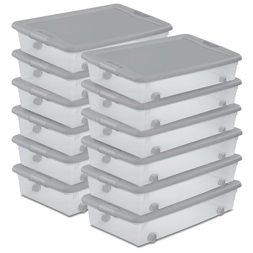 Sterilite 12 Pack Wheeled Under Bed Storage Container, 56 Qt Plastic Bin with Latching Lid for Organization - Clothes & Shoes Organizer, Silver Tint - color: Silver, size: 12 Pack