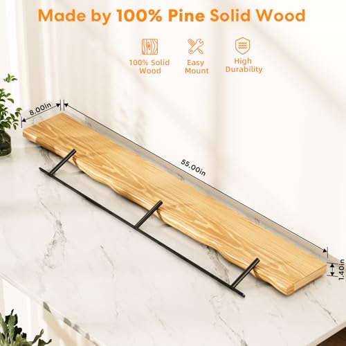 Floating Shelves for Wall Rustic Farmhouse 55 Inch Floating Shelf Bathroom Wooden Shelves for Wall Mounted Live Edge Pine Shelf with Unique Natural Grain for Living Room Bedroom Kitchen (Natural) - color: Natural, size: 55 inch - 1pc