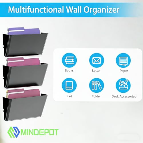 MINDEPOT 3 Pockets Acrylic Wall File Organizer, Clear Wall File Holder, Plastic Hanging Wall File Holder for Office, School and Home, Black - color: Black, size: 3Pack