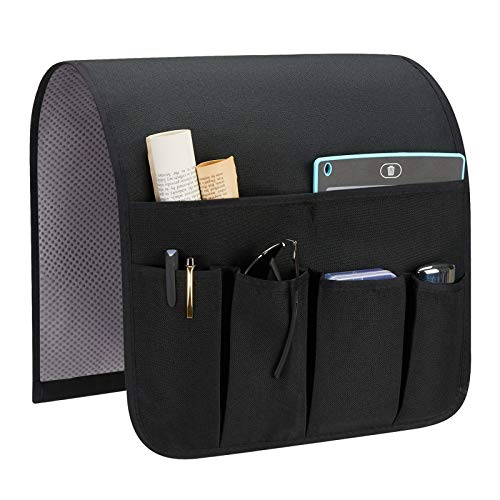 Sofa Armrest Organizer, Remote Control Holder for Recliner Couch, Arm Chair Caddy with 5 Pockets for Magazine, Tablet, Phone, iPad - color: Black, size: W13'' x L33''