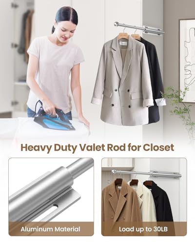 Supforce Valet Rod for Closet Pull Out, Retractable Slide Out Valet Rod Closet Organization, 12" Aluminum Valet Clothing Hanger Rods Perfect for Suits, Freshly Pressed Clothes, Matte Silver - color: Matte Silver, size: 12IN