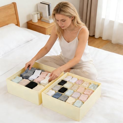 Sock Organizer Drawer Organizer,24 Compartment Foldable Storage,Closet Dividers for Underwear, Socks, Bras, Scarves, Ties, Beige - color: Beige