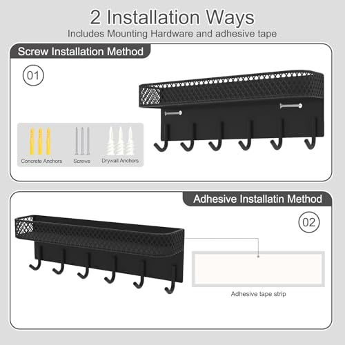 Lwenki Key Holder for Wall – Decorative Stainless Steel Key Hanger with 6 Hooks for Hats, Bags, Leashes – Mail Holder Key Rack with Mounting Hardware and Guide (9.65” x 2.8” x 2.2”) (Black) - color: Black