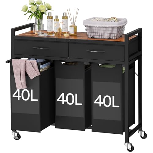 Laundry Sorter 3 Section, 120 L Laundry Hamper with 2 Drawers & 2-tone Top Panel, Rolling Laundry Basket Organizer with Pull-Out Removable Oxford Fabric Bags for Laundry Room Organization UNZYL006BVV3 - size: 120 L