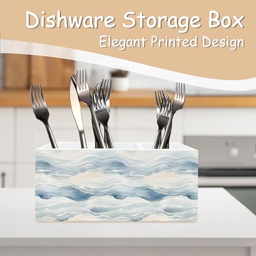 Ocean Waves Beach Pen Pencil Holder Organizer for Desk, Watercolor Coastal Beach Wooden Box Block Sign for Home Office Tabletop Decor - color: Wave