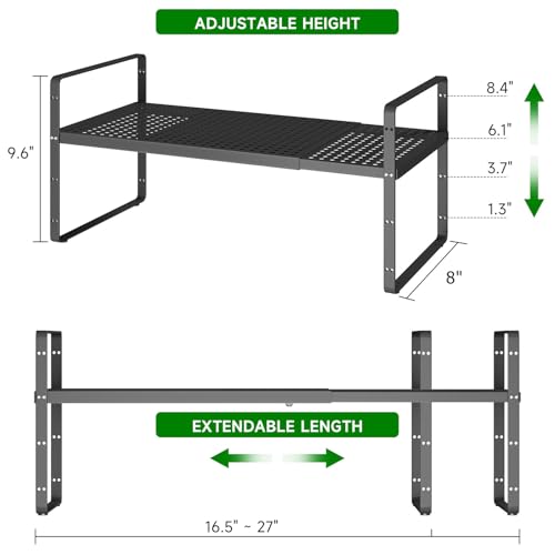 Expandable Kitchen Cabinet Shelf Organizer Rack Heavy Duty Metal Spice Rack Stackable Kitchen Counter Storage Shelf for Kitchen Cabinet Pantry Bathroom (Black - 16.5"-27" L x 8" W x 9.6" H - 1Pack) - color: Black - 16.5"-27" L X 8" W X 9.6" H - 1pack