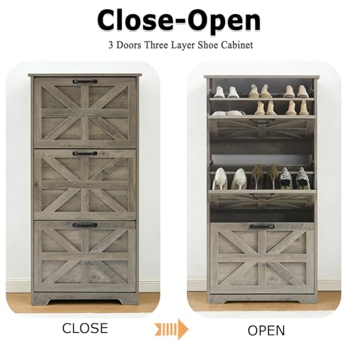 Shoe Storage Cabinet with 3 Flip Drawers, Farmhouse Shoe Organizer with Barn Door Design, Space-Saving Hidden Narrow Shoe Rack Cabinet for Entryway, Hallway & Foyer，Grey - color: Grey, size: 1 pcs-3 Flip Drawers