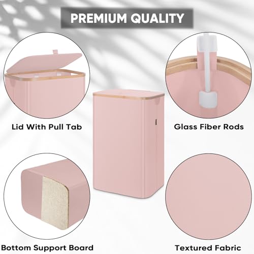 BALEINE Laundry Hamper with Lid, Tall Laundry Baskets with Bamboo Pull Handles, Large Laundry Bin with Internal Support (18 Gal/70L, Pink) - color: Pink, size: 70 liters