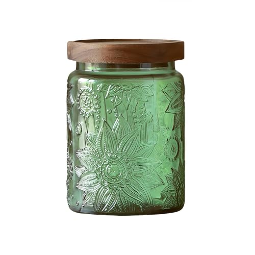 ANSQU Vintage 23.7oz Glass Storage Jar with Solid Wood Lid - Sunflower Kitchen Canister for Tea, Coffee, Candy, Cookies, Bath Salts & Laundry Detergent - Decorative Multi-Purpose Jar (Green, 1 Pack) - color: Green, size: 23.7 Ounces