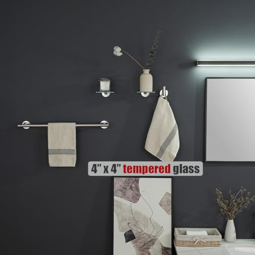 JQK Small Floating Glass Shelves Chrome, 4 Inch Display Ledges for Wall, Mini Decor, Living Room Bedroom Bathroom, Tempered Glass Shower Storage, 2 Pack, TGS101L4-CH-P2 - color: Chrome, size: 4 Inch (2 Pack)