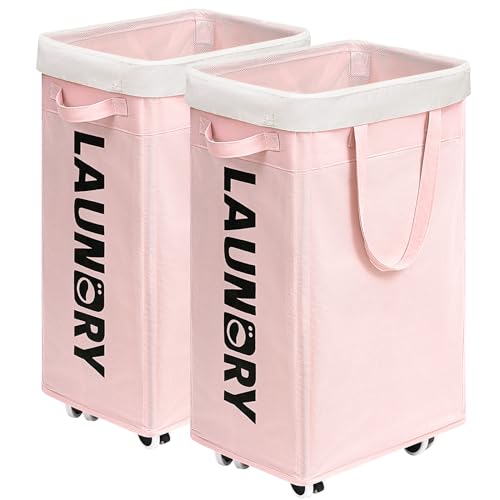Goodpick Pink Laundry Baskets with Wheels 2-Pack, 75L Rolling Laundry Basket with Removable Wash Bags, Large Laundry Hamper for Corner Dorm, Collapsible Laundry Basket on Wheels - color: Pink 2-Pack