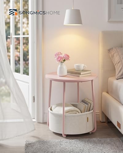 SONGMICS HOME Small Side Table, Round End Table, 2 Tier Nightstand with Basket, U Shaped Steel Legs, Easy Assembly, for Living Room, Bedroom, Pink and White - color: Pink + White, size: 1 pack