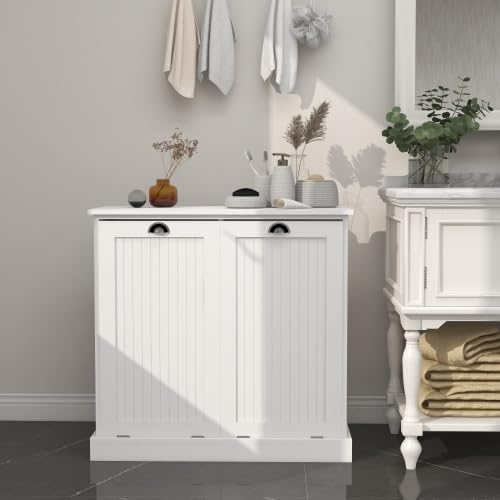 Two-Compartment Tilt-Out Laundry Sorter Cabinet White, with Removable Cloth Bags Fashionable Design Finish Durable Organizer Durable Material Three Painting processes, for Laundry Rooms