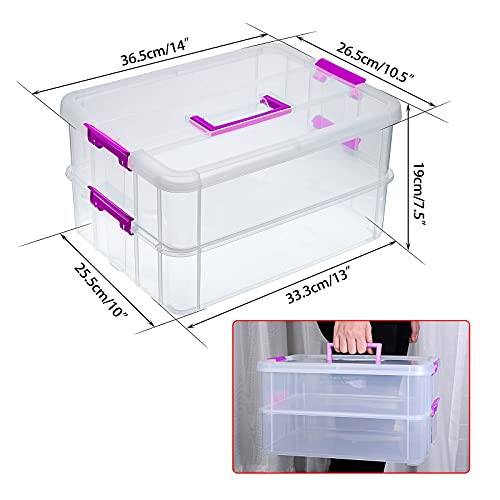 BTSKY 2 Layer Stack & Carry Box, Plastic Multipurpose Portable Storage Container Box Handled Organizer Storage Box for Organizing Stationery, Sewing, Art Craft, Jewelry and Beauty Supplies(Purple) - color: Purple