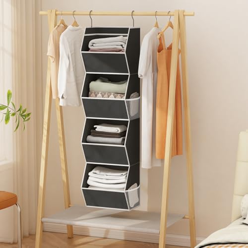 Hanging Closet Organizer 4 Shelf Collapsible Bedroom Closet Organizers and Storage Hanging with Mesh Pocket for Clothes, Closet Hanging Organizers and Storage for Fabric Wardrobe Space Saver, Black - color: Black-1 Pack, size: 4-shelf