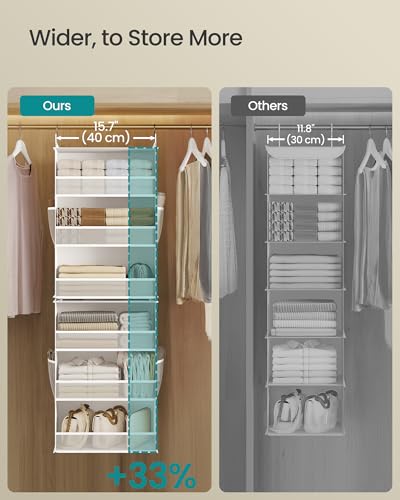 SONGMICS Hanging Closet Organizer, 6-Tier Fabric Storage Shelf, Separable Closet Hanging Shelf with Side Pockets, Foldable, Metal Hooks and Bamboo Inserts, Cloud White URCH007W01 - color: Cloud White, size: 1 Pack