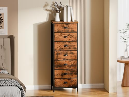 Furnulem Bedroom Dresser with 7 Drawers,Tall Industrial Fabric Chest of Drawers, Vertical Storage Tower Bedside Furniture in Living Room,Closet,Entryway-Sturdy Steel Frame(Rustic Brown) - color: Rustic Brown, size: 11.8"D x 15.8"W x 43.3"H (7 Drawers)