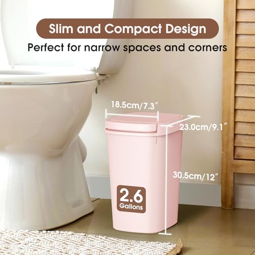 CEROELDA 3 Pack Bathroom Trash Can with Lid, 10L/2.6 Gal Small Garbage Can with Press Top Lid, Slim Plastic Waste Basket for Toilet, Office, Bedroom (Pink) - color: 3 Pack-Pink