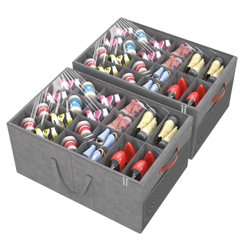 Aokeyee 2 Pack Shoe Organizer for Closet, Large Shoe Storage Box Fits up to 48 Pairs, Space Saving Foldable Shoes Organizer Bin w/Clear Cover and 4 Reinforced Handles, Grey - color: Grey, size: Fits up to 48 Pairs