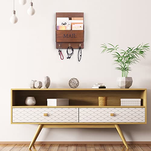DLQuarts Mail Organizer with Key Holder for Wall Decorative Mail Sorter Wall Mounted, Wooden Mail Holder with 3 Hooks, Dark Brown - color: Dark Brown