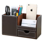 KINGFOM Desk Organizer Office Supplies Caddy Pu Leather Multi-function Storage Box Pen/Pencil,Cell phone, Business Name Cards Remote Control Holder with Small Drawer Brown - color: Brown