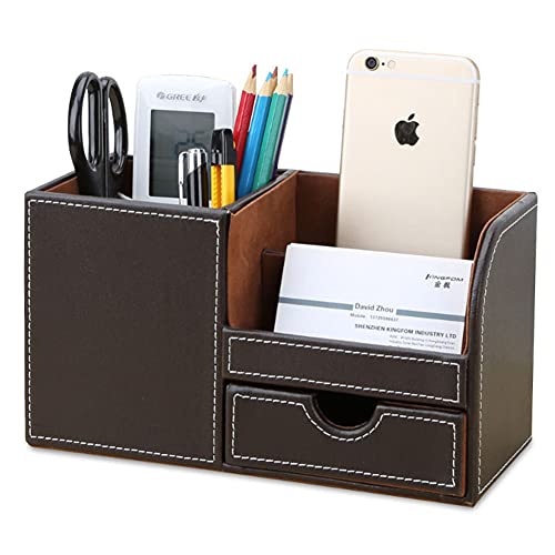 KINGFOM Desk Organizer Office Supplies Caddy Pu Leather Multi-function Storage Box Pen/Pencil,Cell phone, Business Name Cards Remote Control Holder with Small Drawer Brown - color: Brown